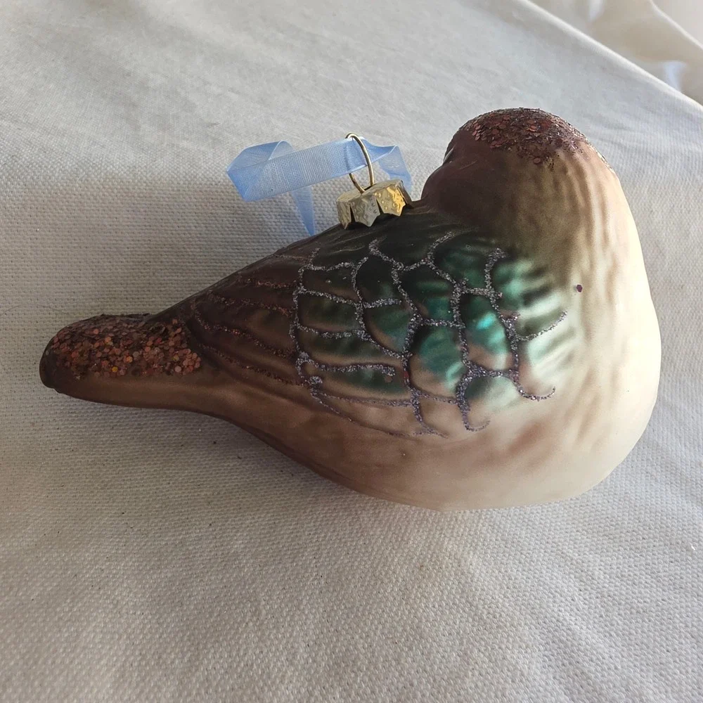 Hanging Blown Glass Bird Ornament Glitter Accents Copper Teal Blue 4.5 Inch